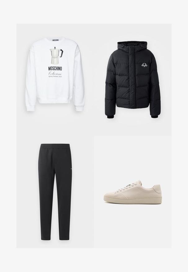 Doudoune noire avec capuche, présentant un design matelassé, des poignets élastiques et un logo sur la poitrine. Fabriquée dans un matériau lisse et résistant à l'eau.; Sweatshirt blanche avec un graphique d'une cafetière moka et le texte "MOSCHINO Colazione Printemps Été 2025" en noir. Col rond, manches longues.; Pantalons de jogging noirs en tissu doux, dotés d'une taille élastique, de jambes droites et d'un petit logo sur le côté.; Baskets en cuir beige avec une finition lisse, bout rond, semelle plate et design classique à lacets. Des accents de couture subtils et une semelle extérieure texturée.