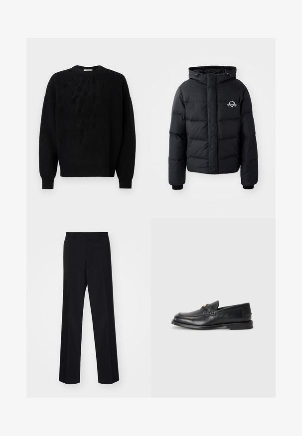 Must väljakutsete sätetele lõhelise disainiga must puhvrjakker, kapuutsiga, elastsete mansettidega ja rinnal logo. Valmistatud siledast, veekindlast materjalist.; Mustalline kootud sviiter ribitekstuuriga, ümmargune kaelus ja langevad õlad, pikkade varrukatega ning lõdva lõikega disain.; Mustad ülikonnad püksid laia sääre disainiga, sujuva tekstuuriga ja teravate voltidega, valmistatud kootud kangast.; Mustad mustad nahast loafersid esitlevad ümarat varvast, keerduvaid õmblusi ja väikest kuldset detailet ees. Tallad on lamedad ja diskreetsed.