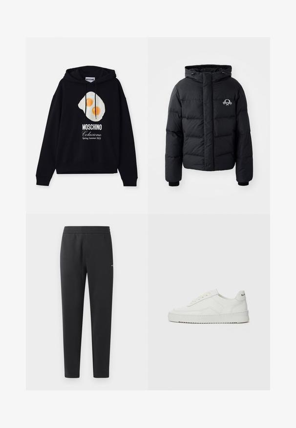 Doudoune noire avec capuche, présentant un design matelassé, des poignets élastiques et un logo sur la poitrine. Fabriquée dans un matériau lisse et résistant à l'eau.; Haut à capuche noir en coton avec un graphique d'œuf frit à deux jaunes, texte "MOSCHINO Colazione Printemps Été 2025" en dessous.; Pantalons de jogging noirs en tissu doux, dotés d'une taille élastique, de jambes droites et d'un petit logo sur le côté.; Baskets en cuir blanc avec une finition lisse, bout arrondi, lacets plats et semelle texturée. Présente un logo discret sur le talon.