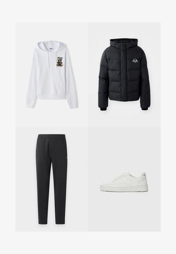 Black puffer jacket with a hood, featuring a quilted design, elastic cuffs, and a chest logo. Made of a smooth, water-resistant material.; White hoodie featuring a front pocket, drawstring hood, and a bear graphic with text. Made from soft fabric, it has ribbed cuffs and hem.; Black jogger pants made of soft fabric, featuring an elastic waistband, straight legs, and a single small logo detail on the side.; White leather sneaker with a smooth finish, round toe, flat laces, and a textured sole. Features a subtle logo on the heel.