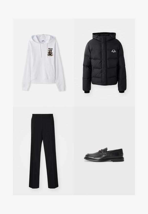 Black puffer jacket with a hood, featuring a quilted design, elastic cuffs, and a chest logo. Made of a smooth, water-resistant material.; White hoodie featuring a front pocket, drawstring hood, and a bear graphic with text. Made from soft fabric, it has ribbed cuffs and hem.; Black tailored trousers with a wide-leg design, featuring a smooth texture and sharp creases, made from a woven fabric.; Black leather loafers feature a rounded toe, stitched detailing, and a small gold accent on the front. The sole is flat and discreet.