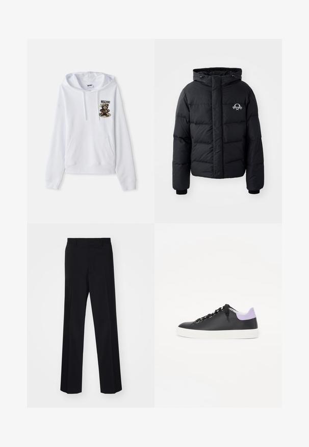 Čierna prešívaná bunda s kapucňou, ktorá má elastické manžety a logo na hrudníku. Vyrobená z hladkého, vodoodolného materiálu.; Biely mikina s kapucňou a prednou vreckom, šnúrkou na kapucni a grafikou medveďa s textom. Vyrobená z jemného materiálu, má rebrované manžety a lem.; Čierne tailored nohavice s širokým strihom, s hladkou textúrou a ostrými záhybmi, vyrobené z tkaného materiálu.; Čierne kožené tenisky s bielou gumovou podrážkou, s čiernymi šnúrkami, striebornými očkami a svetloružovým akcentom na päte.