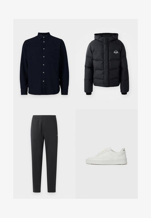 Svart puffjacka med huva, med en quiltad design, elastiska manschetter och en logga på bröstet. Tillverkad av ett slätt, vattenavvisande material.; Navy långärmad skjorta gjord av mjukt tyg. Har en knapp-up framsida, en spetsig krage och en bröstficka. Grå knappar ger kontrast.; Svarta joggingbyxor i mjukt tyg, med elastisk midja, raka ben och en liten logotypdetalj på sidan.; Vita lädersneakers med en jämn yta, rund tå, platta snörningar och en strukturerad sula. Har en diskret logotyp på hälen.