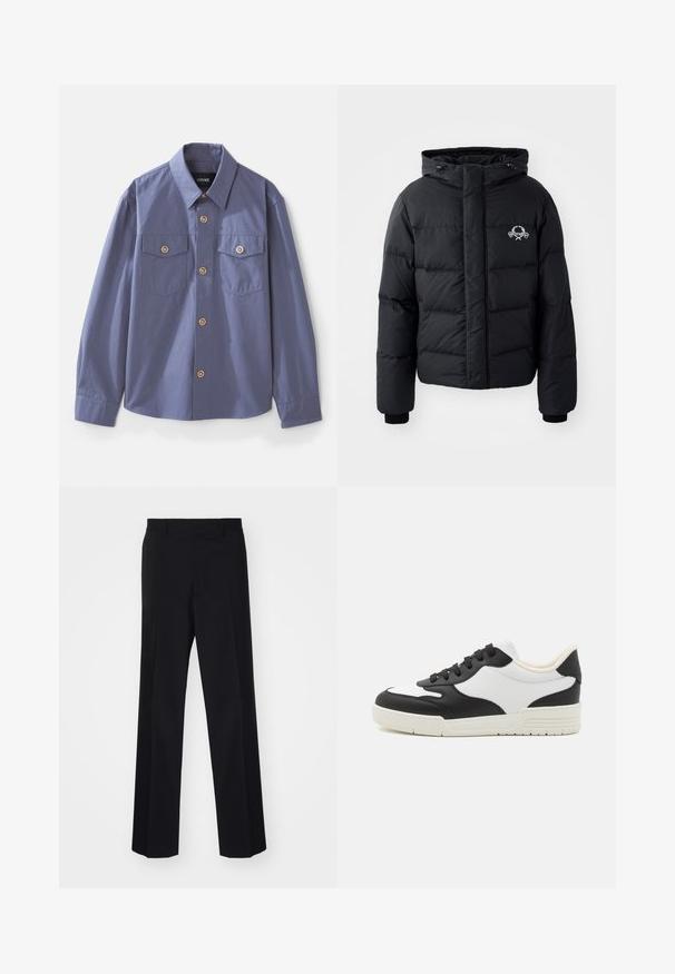 Black puffer jacket with a hood, featuring a quilted design, elastic cuffs, and a chest logo. Made of a smooth, water-resistant material.; Button-up shirt in slate blue, made of smooth fabric, featuring two chest pockets, gold-tone buttons, and a standard collar.; Black tailored trousers with a wide-leg design, featuring a smooth texture and sharp creases, made from a woven fabric.; Black and white sneaker with a smooth leather upper, rounded toe, and flat rubber sole. Features black laces and soft inner lining.