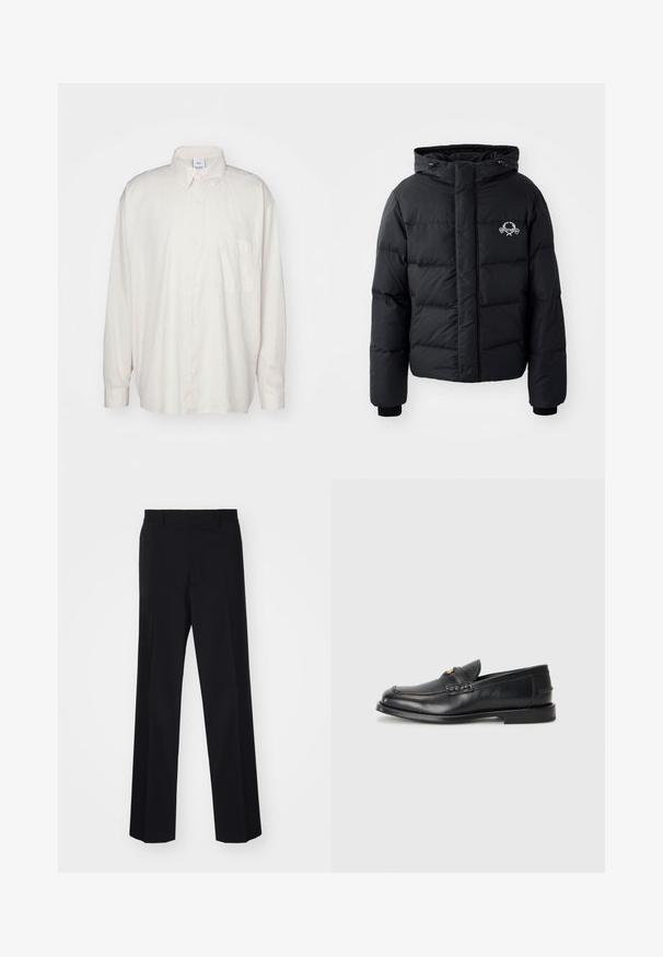 Schwarze Puffjacke mit Kapuze, ausgestattet mit einem gesteppten Design, elastischen Bündchen und einem Brustlogo. Hergestellt aus einem glatten, wasserabweisenden Material.; Helles beige Button-Down-Hemd aus Baumwolle mit einem klassischen Kragen, langen Ärmeln und einer Brusttasche. Glatte Textur.; Schwarze, maßgeschneiderte Hose mit weitem Bein, ausgestattet mit einer glatten Textur und scharfen Falten, gefertigt aus einem gewebten Stoff.; Schwarze Lederloafers mit runder Zehenform, genähten Details und einem kleinen goldenen Akzent an der Vorderseite. Die Sohle ist flach und unauffällig.