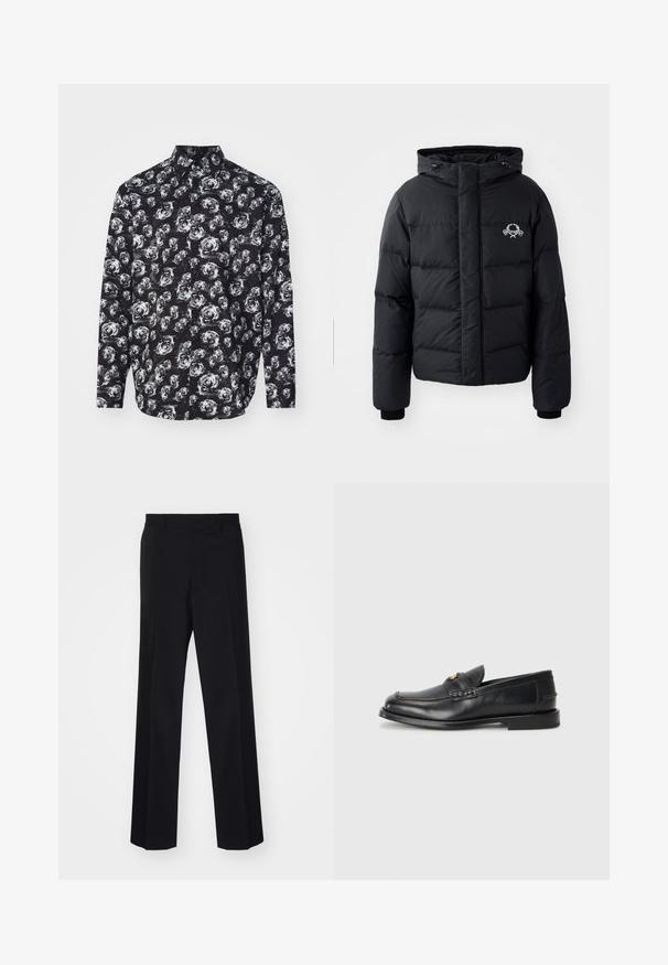 Black puffer jacket with a hood, featuring a quilted design, elastic cuffs, and a chest logo. Made of a smooth, water-resistant material.; Black long-sleeve shirt featuring a white rose pattern, collared neck, and button-down front. Made from lightweight fabric with a smooth texture.; Black tailored trousers with a wide-leg design, featuring a smooth texture and sharp creases, made from a woven fabric.; Black leather loafers feature a rounded toe, stitched detailing, and a small gold accent on the front. The sole is flat and discreet.