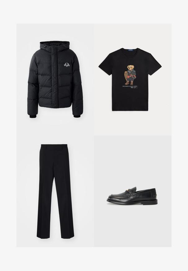 Black puffer jacket with a hood, featuring a quilted design, elastic cuffs, and a chest logo. Made of a smooth, water-resistant material.; Black crew neck t-shirt with a graphic of a bear wearing sunglasses, winter gear, and holding a snowshoe, labeled "Polo Bear by Ralph Lauren."; Black tailored trousers with a wide-leg design, featuring a smooth texture and sharp creases, made from a woven fabric.; Black leather loafers feature a rounded toe, stitched detailing, and a small gold accent on the front. The sole is flat and discreet.