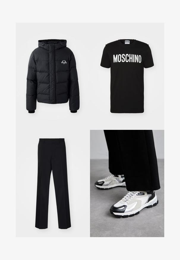 Fekete puffdzseki kapucnival, steppelt kialakítással, rugalmas mandzsettákkal és mellkasi logóval. Simább, vízálló anyagból készült.; Fekete pamut póló, amelyen feltűnő fehér "MOSCHINO" felirat látható az elején; kerek nyakú és rövid ujjú. Egyszerű dizájn, klasszikus fit.; Fekete, széles szárú, szabott nadrág sima textúrával és éles redőkkel, szőtt anyagból készült.; MOSCHINO UOMO - Sportcipő - bianco/nero/argento