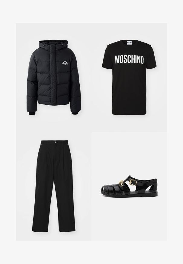 Svart puffjacka med huva, med en quiltad design, elastiska manschetter och en logga på bröstet. Tillverkad av ett slätt, vattenavvisande material.; Svart bomull t-shirt med iögonfallande vit "MOSCHINO" text över framsidan; rundad hals och korta ärmar. Enkel design, klassisk passform.; Svarta vida byxor i lätt tyg. Har en knappstängning, framfickor och två sidfickor.; Svarta gummisandaler med utskuret mönster, med en guldspänne och texturerad innersula. Präglad logotyp på hälen.