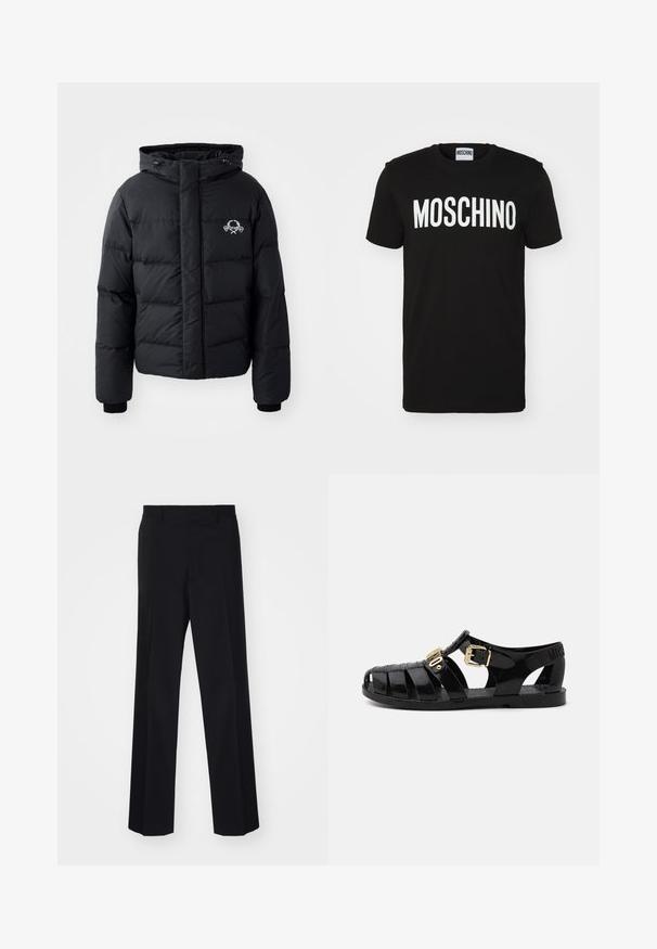 Black puffer jacket with a hood, featuring a quilted design, elastic cuffs, and a chest logo. Made of a smooth, water-resistant material.; Black cotton t-shirt featuring bold white "MOSCHINO" text across the front; crew neck and short sleeves. Simple design, classic fit.; Black tailored trousers with a wide-leg design, featuring a smooth texture and sharp creases, made from a woven fabric.; Black rubber sandals with cut-out design, featuring a gold buckle closure and textured insole. Stamped logo on the heel.
