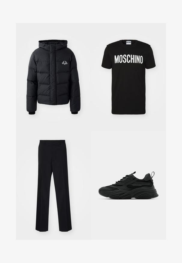 Must väljakutsete sätetele lõhelise disainiga must puhvrjakker, kapuutsiga, elastsete mansettidega ja rinnal logo. Valmistatud siledast, veekindlast materjalist.; Must toorunge T-särk, millel on julge valge "MOSCHINO" tekst esiküljel; ümar kaelus ja lühikesed varrukad. Lihtne disain, klassikaline lõige.; Mustad ülikonnad püksid laia sääre disainiga, sujuva tekstuuriga ja teravate voltidega, valmistatud kootud kangast.; Mustad musta värvi sportlikud tossud, millel on paks tald, võrkpaneelid ja kummist aktsendid. Omab tõmbeaasat kontsas ja tekstuurilisi mustreid.