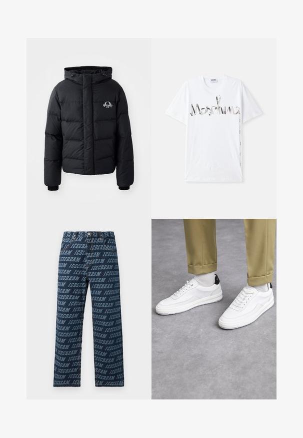 Chaqueta de plumas negra con capucha, que presenta un diseño acolchado, puños elásticos y un logo en el pecho. Fabricada con un material suave y resistente al agua.; Camiseta blanca de algodón con un logo gráfico en negro y plata que recuerda a una cinta. Diseño de manga corta y cuello redondo.; Jeans de mezclilla en azul oscuro con un patrón repetido de texto "HELADO" en un tono más claro. Corte de pierna recta con cintura estándar.; Zapatillas blancas con un acabado de cuero texturizado, punta redondeada y acento negro en el talón. Suela de goma con un pequeño patrón de relieve y detalle de costura.