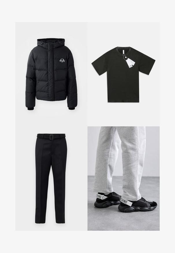 Melnā puffer jaka ar kapuci, ar kvadrātveida dizainu, elastīgiem piedurkņu galiem un krūšu logotipu. Izgatavota no gludas, ūdensizturīgas materiāla.; Melns īsām piedurknēm kokvilnas T-krekls ar apaļu kakla izgriezumu un piekārtām baltām produktu birkām no apkakles uz vienkārša balta fona.; Melni piegriezti bikses ar gludu audumu, taisnu piegriezumu un jostu ar taisnleņķa sprādzi. Pamanāmie priekšējie iegriezumi uzlabo dizainu.; MOSCHINO UOMO - Treniņu apavi - nero/antracite