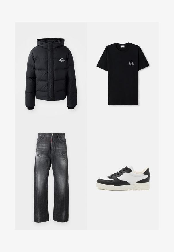 Must väljakutsete sätetele lõhelise disainiga must puhvrjakker, kapuutsiga, elastsete mansettidega ja rinnal logo. Valmistatud siledast, veekindlast materjalist.; Must musträpiga t-särk, millel on ümmargune kaelus. Esipaneelil on väike valge graafiline disain. Lühikesed varrukad ja sirge serv.; Tumedat halli värvi teksapüksid, mis on laia lõikega, põlvedel kulutustega, nööbidega ees ja punane logomärk vööpiirkonnas.; Mustvalge tennise jalanõud siledast nahast ülaosaga, ümarate varvastega ja tasase kummist tallaga. Omab musti paelu ja pehmet voodrit.