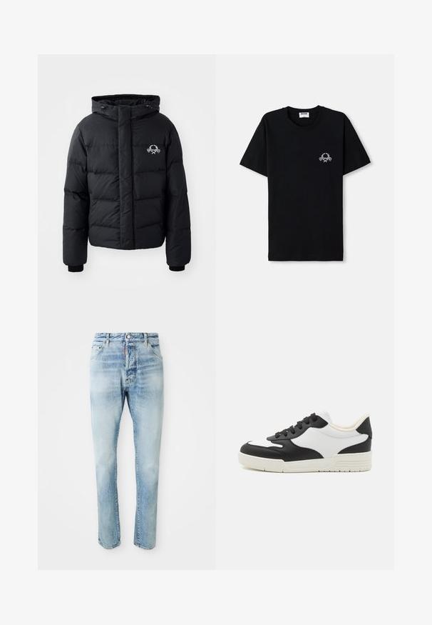 Fekete puffdzseki kapucnival, steppelt kialakítással, rugalmas mandzsettákkal és mellkasi logóval. Simább, vízálló anyagból készült.; Fekete pamut póló, kerek nyakkivágással. Kicsi fehér grafikai mintával a mellrészen. Rövid ujjú és egyenes aljjal rendelkezik.; Világoskék, kopottas farmernadrág gombbal és cipzárral záródik, elülső és hátsó zsebekkel, fehér háttér előtt bemutatva.; Fekete és fehér sportcipő sima bőrből készült felsőrésszel, lekerekített orral és lapos gumitalppal. Jellemzője a fekete fűző és a puha bélés.