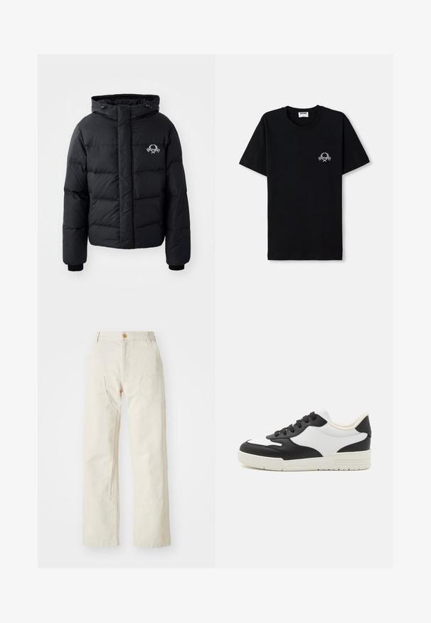 Black puffer jacket with a hood, featuring a quilted design, elastic cuffs, and a chest logo. Made of a smooth, water-resistant material.; Black cotton t-shirt with a crew neckline. Features a small white graphic design on the chest. Short sleeves and straight hem.; Beige wide-leg pants made of cotton, featuring a button closure, two side pockets, and a straight cut, with a smooth texture.; Black and white sneaker with a smooth leather upper, rounded toe, and flat rubber sole. Features black laces and soft inner lining.