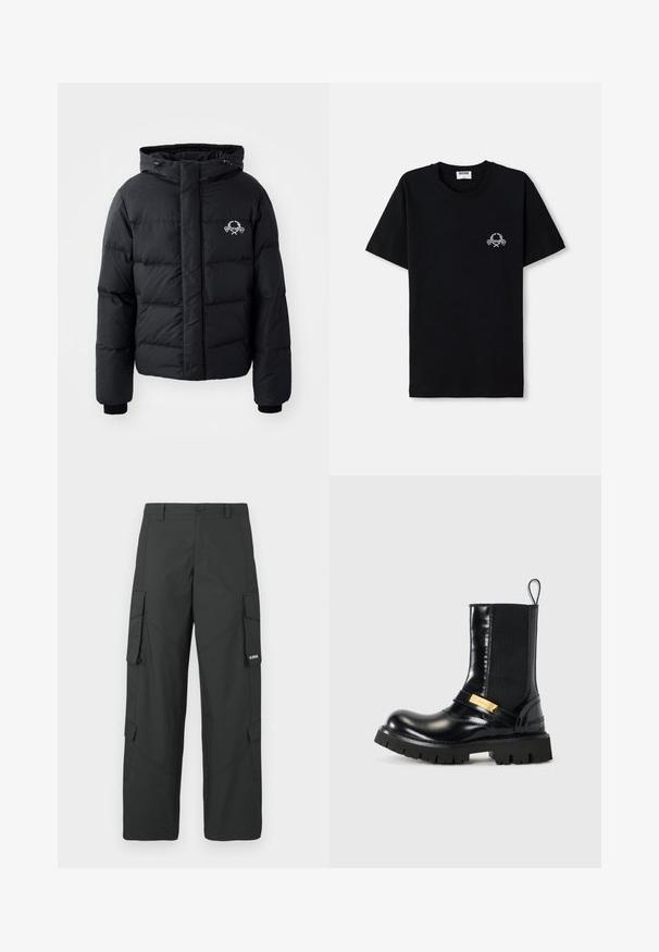 Černá péřová bunda s kapucí, s prošívaným vzorem, elastickými manžetami a logem na hrudi. Vyrobena z hladkého, vodoodpudivého materiálu.; Černé bavlněné tričko s kulatým výstřihem. Na hrudi se nachází malý bílý grafický design. Krátké rukávy a rovný lem.; Černé rovné cargo kalhoty s bočními kapsami na klopy, uzavíráním na knoflík, poutky na opasek a malým bílým logem na klopě pravé kapsy.; Černá kožená kotníková bota s elastickými bočními panely, zlatým akcentovým páskem a robustní černou gumovou podrážkou. Hladký povrch s kulatou špičkou.