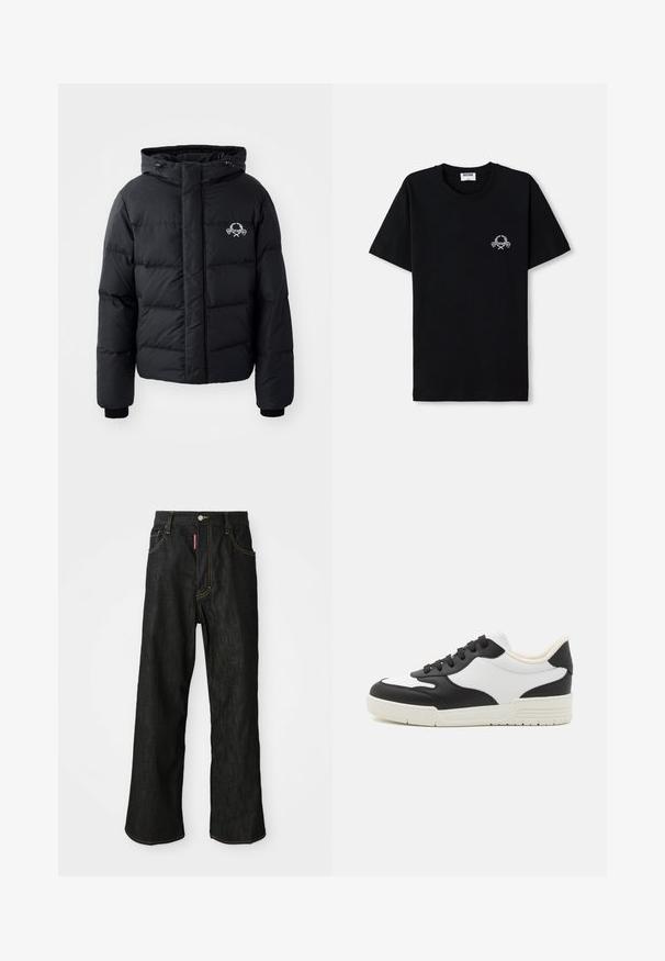 Zwarte pufferjack met een capuchon, voorzien van een gewatteerd ontwerp, elastische manchetten en een logo op de borst. Gemaakt van een glad, waterafstotend materiaal.; Zwart katoenen t-shirt met een ronde halslijn. Voorzien van een klein wit grafisch ontwerp op de borst. Korte mouwen en een rechte zoom.; Zwarte rechte jeans met gele stiksels, vijf zakken, knoopsluiting en een klein rood etiket op de rechter voorzak.; Zwart-witte sneaker met een glad leren bovenwerk, ronde teen en platte rubberen zool. Voorzien van zwarte veters en een zachte binnenvoering.