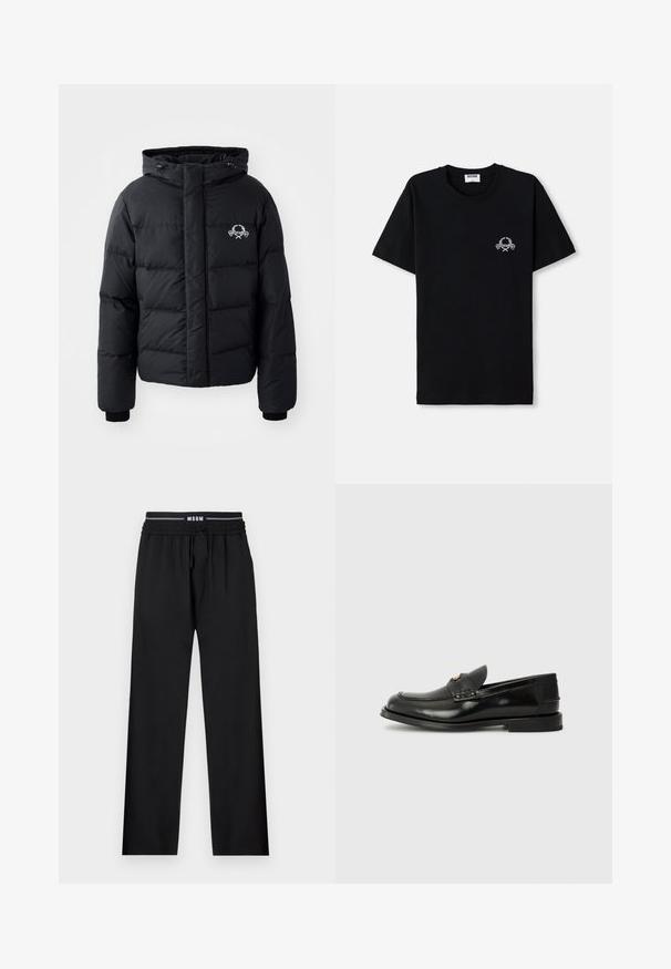 Μαύρο μπουφάν με κουκούλα, με καπιτονέ σχέδιο, ελαστικούς καρπούς και λογότυπο στο στήθος. Κατασκευασμένο από απαλό, αδιάβροχο υλικό.; Μαύρη βαμβακερή μπλούζα με στρογγυλή λαιμόκοψη. Έχει μια μικρή λευκή γραφική σχεδίαση στο στήθος. Βραχίονες κοντοί και ίσια τελείωση.; Μαύρο παντελόνι με χαλαρή εφαρμογή, ελαστική μέση, ρυθμιζόμενο κορδόνι και πλαϊνές τσέπες. Φτιαγμένο από λεία ύλη χωρίς σχέδια.; Μαύρο δερμάτινο λοφάρι με στρογγυλή μύτη, διακοσμητική ραφή και μικρή μπροστινή καπάκι. Πλατιά ελαστική σόλα με ελάχιστο τακούνι.