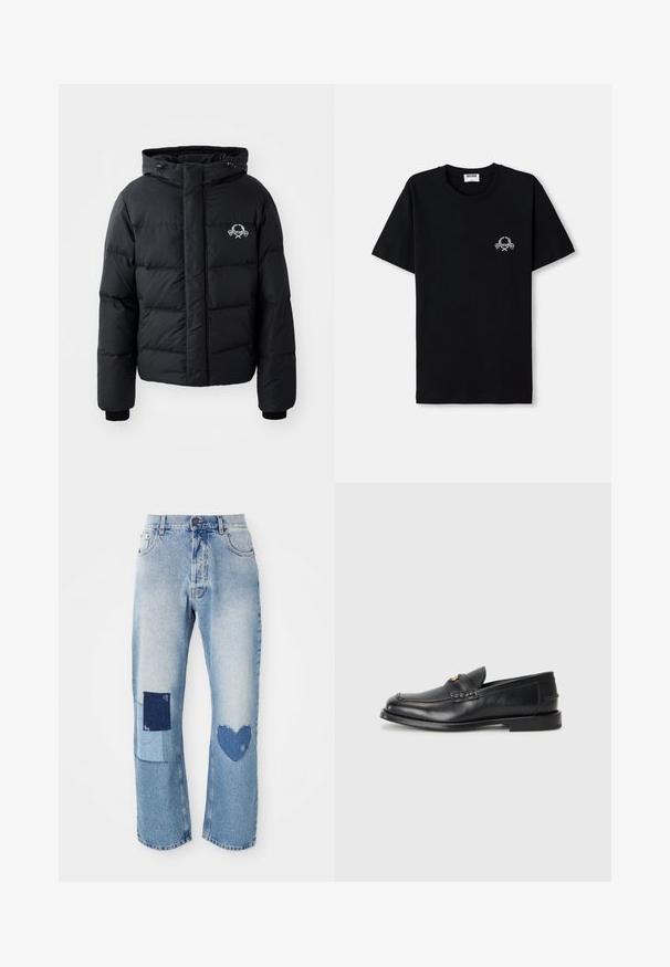 Juodas pūkinis švarkas su gobtuvu, pasižymintis siuvinėtu raštu, elastingais rankogaliais ir logotipu krūtinėje. Pagamintas iš lygios, vandeniui atsparios medžiagos.; Juodas medvilnės marškinėliai su apvalia iškirpte. Su mažo balto grafikos dizaino elementu krūtinėje. Trumpomis rankovėmis ir tiesiu pašonu.; Šviesiai mėlynos džinsinės kelnės tiesiu kirpimu, su dviem aplikacijomis: kvadratu ir širdimi, abiem iš tamsesnio džinsinio audinio.; Juodi odiniai loaferiai turi apvalų nykštį, siuvinėtus detalės ir mažą aukso akcentą priekyje. Padas yra plokščias ir diskretiškas.
