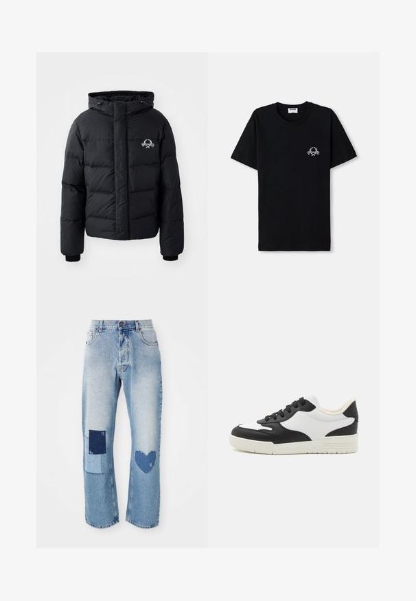 Juodas pūkinis švarkas su gobtuvu, pasižymintis siuvinėtu raštu, elastingais rankogaliais ir logotipu krūtinėje. Pagamintas iš lygios, vandeniui atsparios medžiagos.; Juodas medvilnės marškinėliai su apvalia iškirpte. Su mažo balto grafikos dizaino elementu krūtinėje. Trumpomis rankovėmis ir tiesiu pašonu.; Šviesiai mėlynos džinsinės kelnės tiesiu kirpimu, su dviem aplikacijomis: kvadratu ir širdimi, abiem iš tamsesnio džinsinio audinio.; Juoda ir balta sportinė avalynė su lygiu odiniu viršumi, apvaliu nosiu ir plokščiu guminiu padu. Įrengti juodi raišteliai ir švelni vidinė pamušalas.