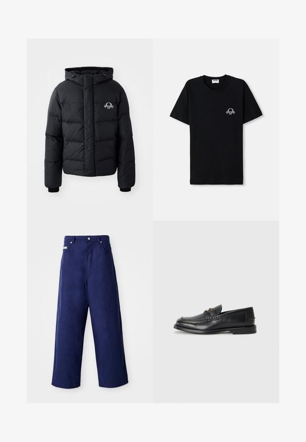 Svart puffjacka med huva, med en quiltad design, elastiska manschetter och en logga på bröstet. Tillverkad av ett slätt, vattenavvisande material.; Svart bomulls t-shirt med rund halsringning. Har en liten vit grafisk design på bröstet. Korta ärmar och rak nederkant.; Breda byxor i marinblått, tillverkade av mjukt tyg. Har en knappstängning och framfickor, med en ren finish och inga synliga mönster.; Svarta läderloafers har en rund tå, sömnadsdetaljer och en liten guldaccent framtill. Sulan är platt och diskret.
