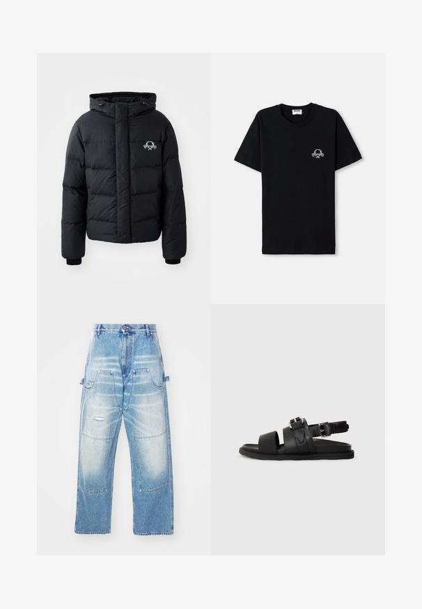 Fekete puffdzseki kapucnival, steppelt kialakítással, rugalmas mandzsettákkal és mellkasi logóval. Simább, vízálló anyagból készült.; Fekete pamut póló, kerek nyakkivágással. Kicsi fehér grafikai mintával a mellrészen. Rövid ujjú és egyenes aljjal rendelkezik.; Világoskék farmernadrág laza szabással, több zsebbel, megviselt részletekkel és kopott hatással. Egyenes szárú kialakítás.; Fekete bőr szandál, amely két széles pánttal és egy csattal állítható bokapánttal rendelkezik. Lapos talp, textúrázott szélekkel.