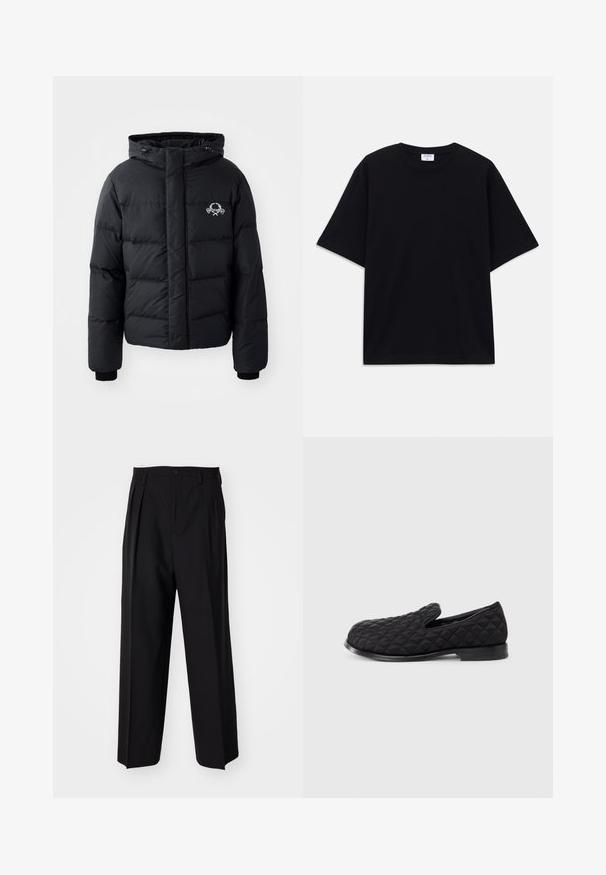 Czarna kurtka puchowa z kapturem, z pikowanym wzorem, elastycznymi mankietami i logo na piersi. Wykonana z gładkiego, wodoodpornego materiału.; Czarny, krótki rękaw, oversize'owy T-shirt z okrągłym dekoltem i widoczną metką marki Filippa K wewnątrz kołnierza.; Czarne plisowane spodnie o prostym, szerokim kroju nogawek. Wykonane z gładkiego materiału, z zapięciem na guzik i pętelkami na pasek.; Czarne, pikowane buty wsuwane, z teksturowaną cholewką, okrągłym noskiem i płaską czarną podeszwą, z ozdobnym przeszyciem w diamentowy wzór.