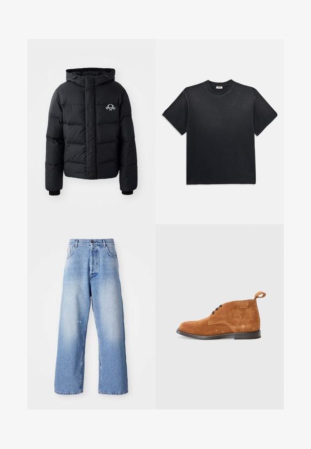 Jachetă puffer neagră cu glugă, având un design matlasat, mansete elastice și un logo pe piept. Fabricată dintr-un material neted, rezistent la apă.; Tricou negru din bumbac, cu guler rotund și mâneci scurte. Prezintă o croială lejeră, o textură fină și un design minimalist.; Jeans din denim de un albastru deschis, cu un finisaj ușor decolorat, având închidere cu buton, bucle pentru curea și o ușoară uzură în apropierea genunchiului.; Boots de gleznă din suede maro, cu vârf rotund, dotate cu șireturi negre, un manșon pentru a fi trase mai ușor și o talpă neagră joasă. Textură netedă, design minimal.