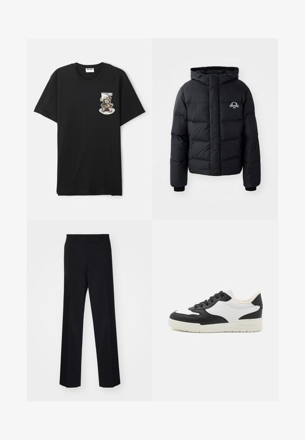 Juodas pūkinis švarkas su gobtuvu, pasižymintis siuvinėtu raštu, elastingais rankogaliais ir logotipu krūtinėje. Pagamintas iš lygios, vandeniui atsparios medžiagos.; Juodas medvilnės marškinėliai su apvaliu iškirpimu. Kairėje krūtinės pusėje pavaizduota grafika su lokiu, nešančiu kosmonautų šalmą.; Juodos prisiūtos kelnes su plačiomis kojomis, turinčios sklandų paviršių ir aštrius raukšles, pagamintas iš audinio.; Juoda ir balta sportinė avalynė su lygiu odiniu viršumi, apvaliu nosiu ir plokščiu guminiu padu. Įrengti juodi raišteliai ir švelni vidinė pamušalas.