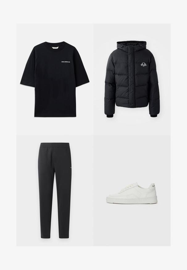 Black puffer jacket with a hood, featuring a quilted design, elastic cuffs, and a chest logo. Made of a smooth, water-resistant material.; Black cotton T-shirt with short sleeves, crew neck, and a small white "HOLZWEILER" logo on the front, featuring a loose fit.; Black jogger pants made of soft fabric, featuring an elastic waistband, straight legs, and a single small logo detail on the side.; White leather sneaker with a smooth finish, round toe, flat laces, and a textured sole. Features a subtle logo on the heel.