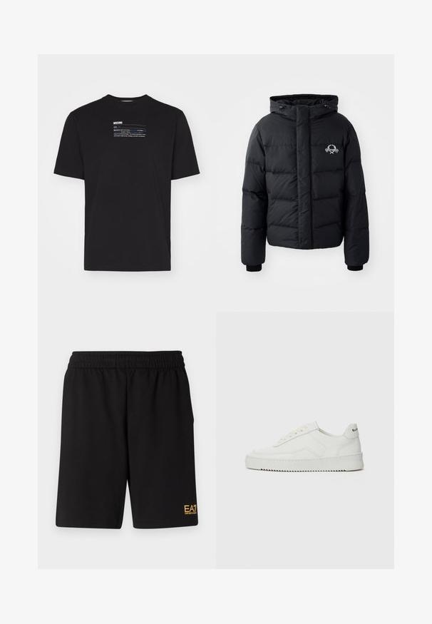 Juodas pūkinis švarkas su gobtuvu, pasižymintis siuvinėtu raštu, elastingais rankogaliais ir logotipu krūtinėje. Pagamintas iš lygios, vandeniui atsparios medžiagos.; MOSCHINO TAPE - Marškinėliai su spaudiniu - nero; Juoda sportinė šortai, pagaminti iš minkštos medžiagos, su elastingu diržu ir maža geltona EA7 logo apatinėje kairėje kojoje.; Balti odiniai sportiniai bateliai su lygia apdaila, apvaliu pirštu, plokščiais raišteliais ir tekstūruotu padu. Pasižymi subtiliu logotipu ant kulno.