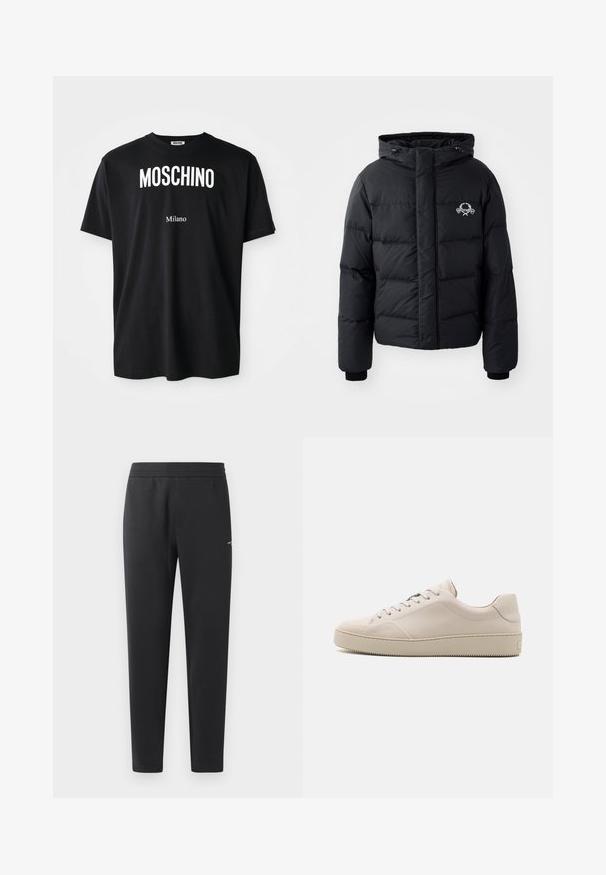 Black puffer jacket with a hood, featuring a quilted design, elastic cuffs, and a chest logo. Made of a smooth, water-resistant material.; Black cotton t-shirt with a round neckline. Features bold white text: "MOSCHINO" above and "Milano" below. Simple, classic design.; Black jogger pants made of soft fabric, featuring an elastic waistband, straight legs, and a single small logo detail on the side.; Beige leather sneakers with a smooth finish, rounded toe, flat sole, and classic lace-up design. Subtle stitching accents and textured outsole.