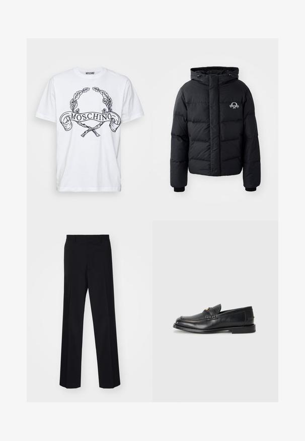 Melnā puffer jaka ar kapuci, ar kvadrātveida dizainu, elastīgiem piedurkņu galiem un krūšu logotipu. Izgatavota no gludas, ūdensizturīgas materiāla.; Balta kokvilnas T-krekls ar melnu grafisko dizainu, kas attēlo lauru vainagu un "MOSCHINO" uzrakstu, ar īsām piedurknēm un apaļu kakla izgriezumu.; Melnas šūtu bikses ar platu kāju dizainu, ar gludu tekstūru un asiem locījumiem, izgatavotas no austas auduma.; Melnā ādas mokasīni ir ar noapaļotu purngalu, šūšanas detaļām un nelielu zelta akcentu priekšpusē. Zole ir plaka un diskrēta.