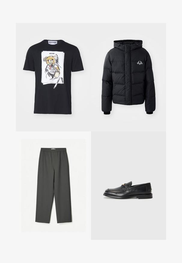Doudoune noire avec capuche, présentant un design matelassé, des poignets élastiques et un logo sur la poitrine. Fabriquée dans un matériau lisse et résistant à l'eau.; T-shirt en coton noir avec une illustration d'ours blanc, portant un nœud rouge et vert, entourée de détails ressemblant à des croquis et d'un graphique de stylo.; Pantalons larges taille haute gris foncé en tissu léger. Ceinture élastique, sans motifs visibles, et poches latérales.; Des mocassins en cuir noir présentent un bout arrondi, des détails cousus et un petit accent doré à l'avant. La semelle est plate et discrète.