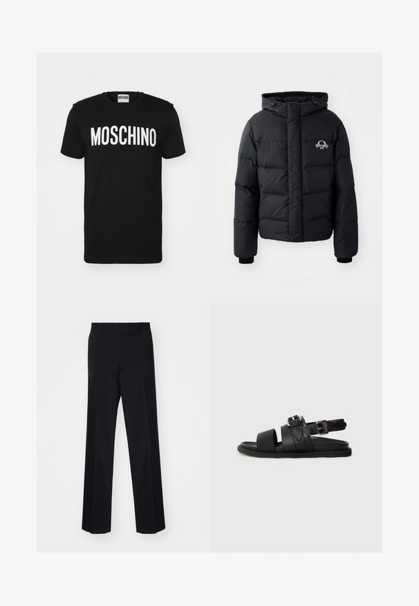 Čierna prešívaná bunda s kapucňou, ktorá má elastické manžety a logo na hrudníku. Vyrobená z hladkého, vodoodolného materiálu.; Čierne bavlnené tričko s tučným bielym nápisom "MOSCHINO" na prednej strane; okrúhly výstrih a krátke rukávy. Jednoduchý dizajn, klasický strih.; Čierne tailored nohavice s širokým strihom, s hladkou textúrou a ostrými záhybmi, vyrobené z tkaného materiálu.; Čierne kožené sandále s dvoma širokými popruhmi a nastaviteľným členkovým popruhom so sponou. Plná podrážka s textúrovaným okrajom.