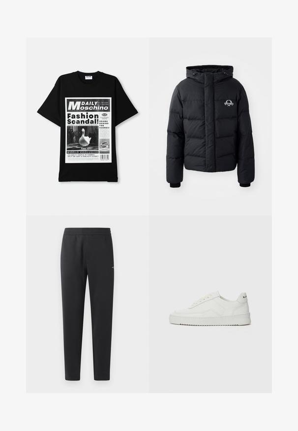 Doudoune noire avec capuche, présentant un design matelassé, des poignets élastiques et un logo sur la poitrine. Fabriquée dans un matériau lisse et résistant à l'eau.; T-shirt noir avec un imprimé graphique de style journal, comprenant une oie blanche et des gros titres en couleurs contrastées. Manches courtes, col rond.; Pantalons de jogging noirs en tissu doux, dotés d'une taille élastique, de jambes droites et d'un petit logo sur le côté.; Baskets en cuir blanc avec une finition lisse, bout arrondi, lacets plats et semelle texturée. Présente un logo discret sur le talon.