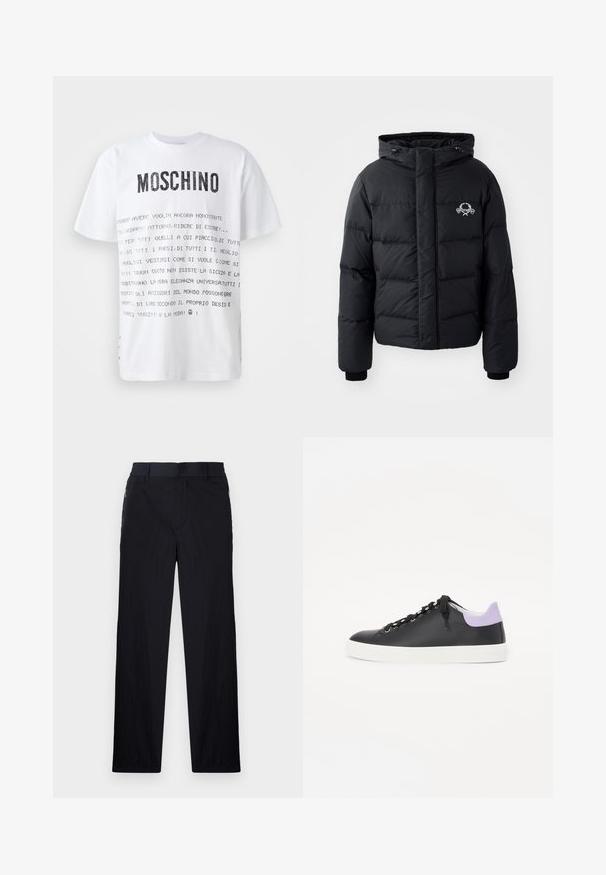 Black puffer jacket with a hood, featuring a quilted design, elastic cuffs, and a chest logo. Made of a smooth, water-resistant material.; White short-sleeve t-shirt featuring bold black "MOSCHINO" logo and Italian text printed in various styles across the front. Standard fit.; Black trousers featuring a lightweight, textured fabric, straight-leg design, elastic waistband, and side zip pockets.; Black leather sneaker with a white rubber sole, featuring black laces, silver eyelets, and a light purple accent at the heel.