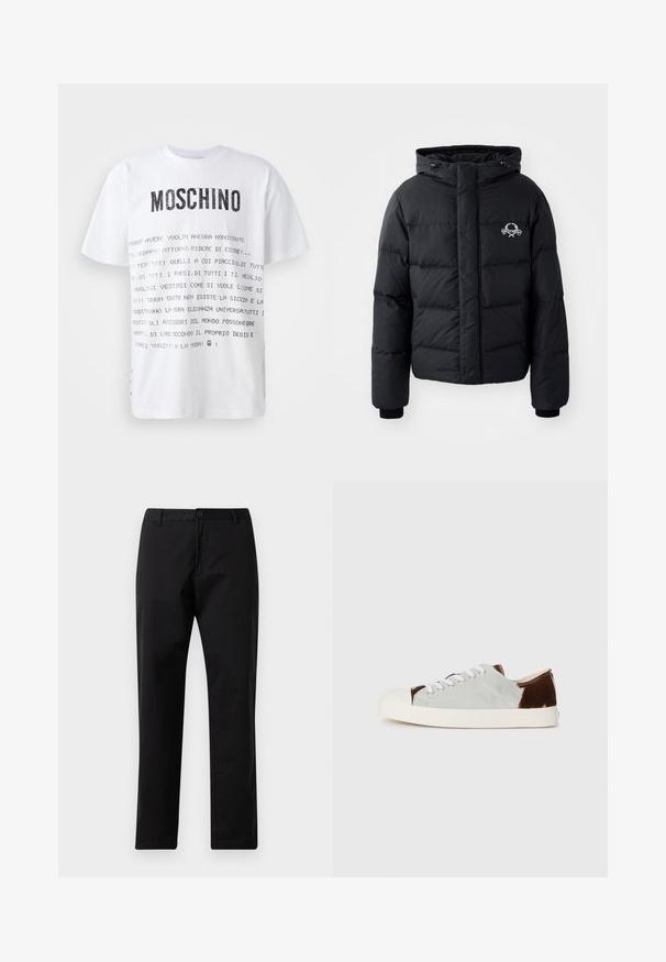 Black puffer jacket with a hood, featuring a quilted design, elastic cuffs, and a chest logo. Made of a smooth, water-resistant material.; White short-sleeve t-shirt featuring bold black "MOSCHINO" logo and Italian text printed in various styles across the front. Standard fit.; Black straight-leg trousers with button and zip closure, belt loops, and front pockets, displayed on white background.; Low-top sneakers with a grey canvas upper and brown suede accents, white laces, and a cream rubber toe cap. Flat sole for casual wear.