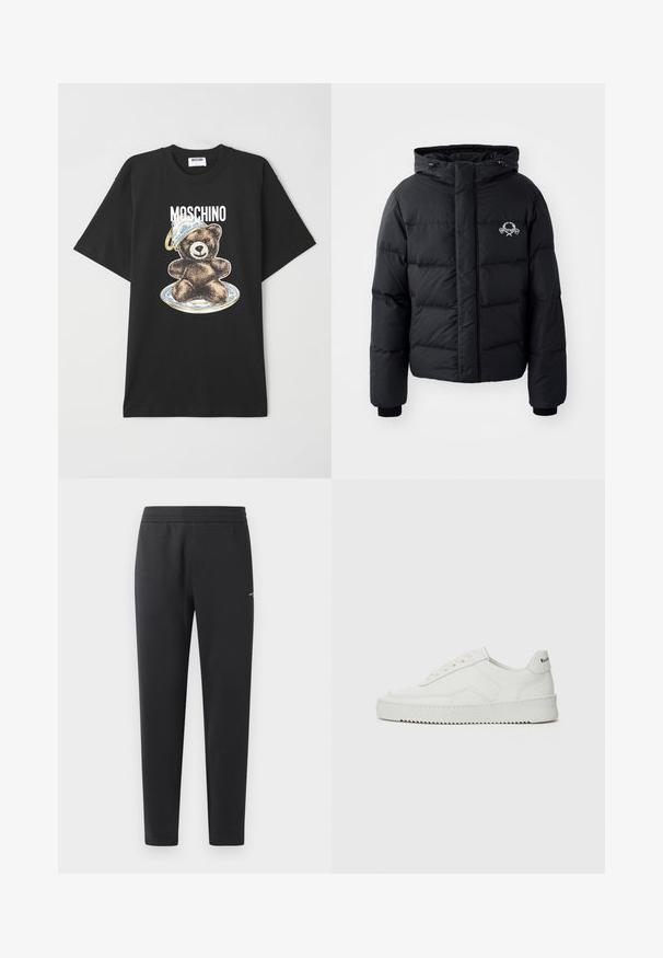 Mustan pusakkatakin, jossa on huppu, tikattu muotoilu, joustavat hihansuut ja rintalogo. Valmistettu sileästä, vettä hylkivästä materiaalista.; Mustat puuvillapaidat, jossa on karhu graafinen kuva sinisessä ja valkoisessa hatussa, tekstin "Moschino" ollessa suunnittelun yläpuolella. Lyhyet hihat, rento istuvuus.; Mustat verkkarit, jotka on valmistettu pehmeästä kankaasta. Niissä on joustava vyötärö, suorat lahkeet ja pieni logo-yksityiskohta sivulla.; Valkoinen nahkakenkä, jossa on sileä pinta, pyöreä kärki, tasaiset nauhat ja teksturoitu pohja. Sisältää huomaamattoman logon kantapäässä.