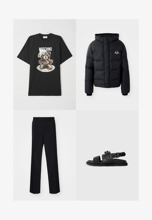 Černá péřová bunda s kapucí, s prošívaným vzorem, elastickými manžetami a logem na hrudi. Vyrobena z hladkého, vodoodpudivého materiálu.; Černé bavlněné tričko s grafikou medvěda, který má na sobě modro-bílou čepici, a s textem "Moschino" nad designem. Krátké rukávy, uvolněný střih.; Černé kalhoty na míru s širokým střihem, s hladkou texturou a ostrými záhyby, vyrobené z tkané látky.; Černé kožené sandály s dvěma širokými pásky a nastavitelným páskem kolem kotníku se sponou. Plná podrážka s texturovaným okrajem.