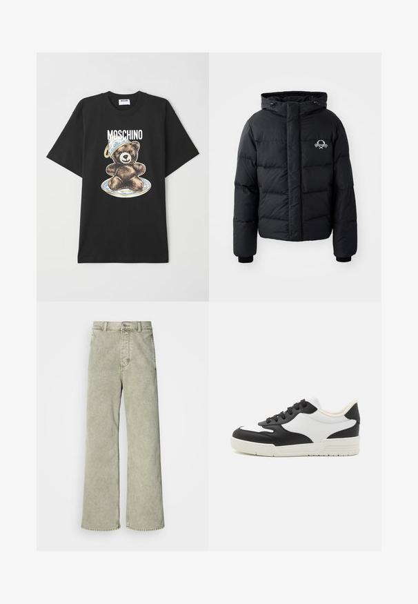 Juodas pūkinis švarkas su gobtuvu, pasižymintis siuvinėtu raštu, elastingais rankogaliais ir logotipu krūtinėje. Pagamintas iš lygios, vandeniui atsparios medžiagos.; Juodas medvilninis marškinėliai su lokio grafiniais atvaizdais, dėvinčiu mėlynai baltą skrybėlę, su užrašu „Moschino“ virš dizaino. Trumpomis rankovėmis, laisvas siluetas.; Šviesiai žali plačios kojų džinsai su aukštu liemeniu, pagaminti iš denimo, su mygtuko uždarymu ir klasikinio penkių kišenių dizainu.; Juoda ir balta sportinė avalynė su lygiu odiniu viršumi, apvaliu nosiu ir plokščiu guminiu padu. Įrengti juodi raišteliai ir švelni vidinė pamušalas.