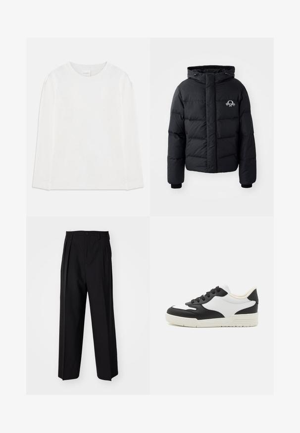 Melnā puffer jaka ar kapuci, ar kvadrātveida dizainu, elastīgiem piedurkņu galiem un krūšu logotipu. Izgatavota no gludas, ūdensizturīgas materiāla.; Gaiši balts garās piedurknes krekls ar apaļu kakla izgriezumu un uzrakstu "CLOSED" uz apkakles, nolikts uz balta fona.; Melnas plisētās bikses ar taisnu, plata kāja dizainu. Izgatavotas no gludas auduma, ar pogu aizdari un jostas cilpiņām.; Melna un balta sporta apavu kedas ar gludu ādas augšdaļu, noapaļotu purngalu un plakanu gumijas zoli. Iezīmējas ar melnām šņorēm un mīkstu iekšu.