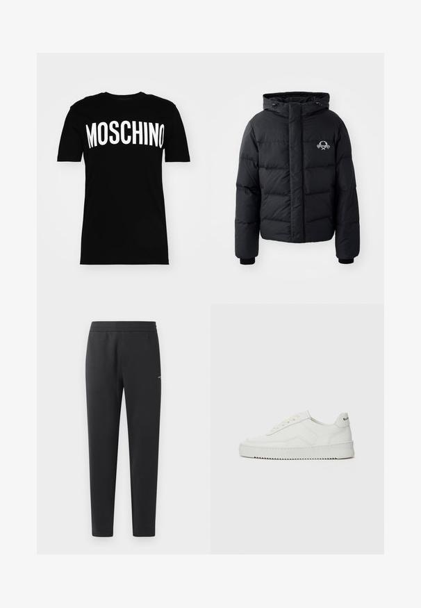 Jachetă puffer neagră cu glugă, având un design matlasat, mansete elastice și un logo pe piept. Fabricată dintr-un material neted, rezistent la apă.; Tricou negru din bumbac cu mâneci scurte, având un logo alb "MOSCHINO" proeminent pe piept, scris cu litere mari și îngroșate.; Pantaloni de jogger negri, confecționați dintr-un material moale, cu un brâu elastic, picioare drepte și un detaliu mic cu logo pe lateral.; Sneakers din piele albă cu un finisaj neted, vârf rotund, șireturi plate și o talpă texturată. Prezintă un logo subtil pe călcâi.