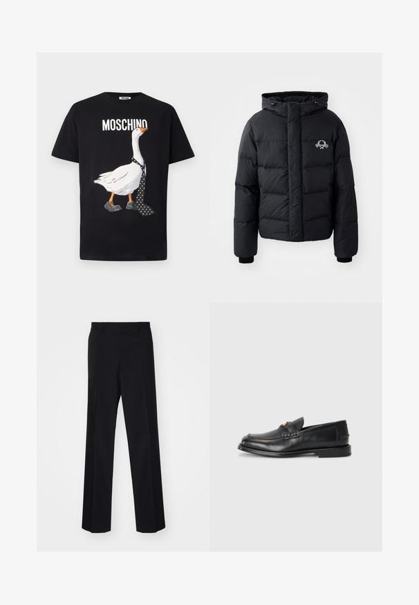 Juodas pūkinis švarkas su gobtuvu, pasižymintis siuvinėtu raštu, elastingais rankogaliais ir logotipu krūtinėje. Pagamintas iš lygios, vandeniui atsparios medžiagos.; Juoda marškinėliai su balta žąsies grafika, dėvint polka dot kaklaraištį ir juodus batus. „Moschino“ užrašas virš dizaino baltu tekstu.; Juodos prisiūtos kelnes su plačiomis kojomis, turinčios sklandų paviršių ir aštrius raukšles, pagamintas iš audinio.; Juodi odiniai loaferiai turi apvalų nykštį, siuvinėtus detalės ir mažą aukso akcentą priekyje. Padas yra plokščias ir diskretiškas.