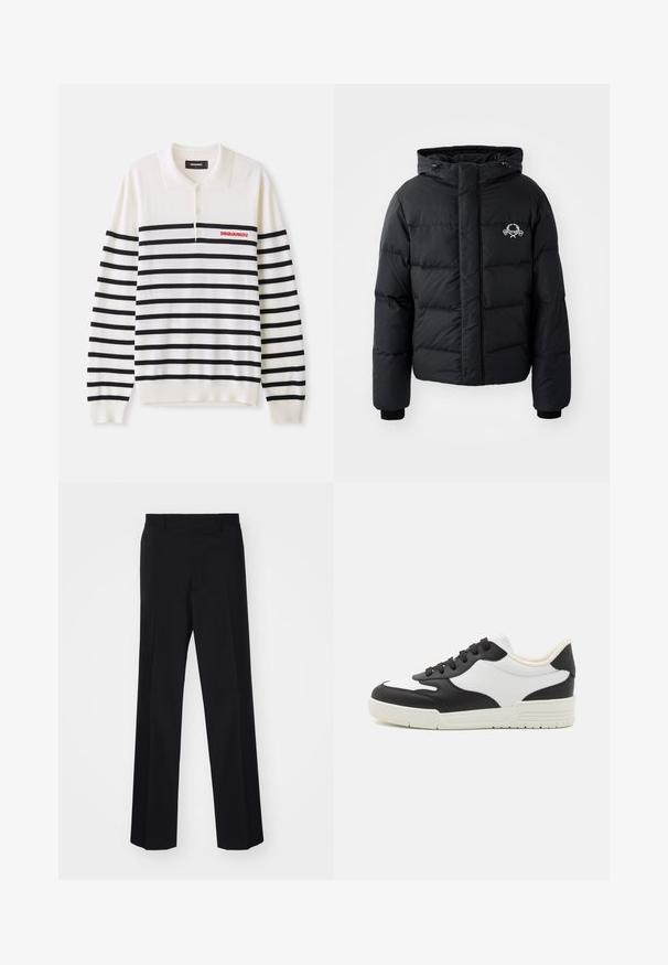 Schwarze Puffjacke mit Kapuze, ausgestattet mit einem gesteppten Design, elastischen Bündchen und einem Brustlogo. Hergestellt aus einem glatten, wasserabweisenden Material.; Weißes Langarm-Polo mit schwarzen horizontalen Streifen, ausgestattet mit drei Knöpfen und rotem "DSQUARED2"-Logo auf der linken Brust. Weicher Strickstoff.; Schwarze, maßgeschneiderte Hose mit weitem Bein, ausgestattet mit einer glatten Textur und scharfen Falten, gefertigt aus einem gewebten Stoff.; Schwarz-weißer Sneaker mit einem glatten Lederoberteil, runder Zehenform und flacher Gummisohle. Verfügt über schwarze Schnürsenkel und eine weiche Innenauskleidung.