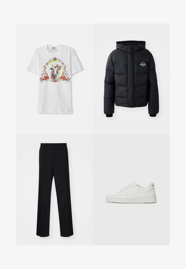 Must väljakutsete sätetele lõhelise disainiga must puhvrjakker, kapuutsiga, elastsete mansettidega ja rinnal logo. Valmistatud siledast, veekindlast materjalist.; Valge puuvillane T-särk, mille keskosas on graafika lehma ja roosidega, ümbritsetud Itaalia lippudega, ning dekoratiivne tekst ringikujulises paigutuses.; Mustad ülikonnad püksid laia sääre disainiga, sujuva tekstuuriga ja teravate voltidega, valmistatud kootud kangast.; Valge nahast tennis, millel on sile põhi, ümar varvas, lamedad nöörid ja tekstuuriline tall. Sisaldab diskreetset logo kontsaribal.