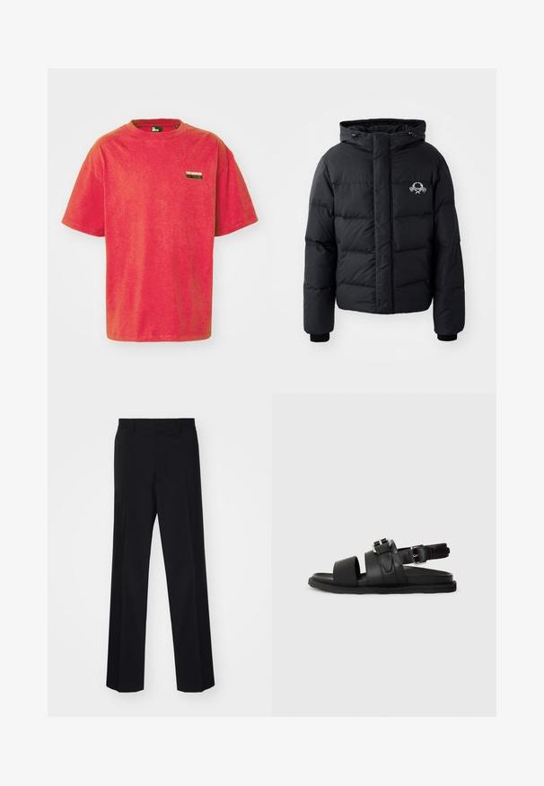 Must väljakutsete sätetele lõhelise disainiga must puhvrjakker, kapuutsiga, elastsete mansettidega ja rinnal logo. Valmistatud siledast, veekindlast materjalist.; Punane puuvillane T-särk lühikeste varrukatega, ümmarguse kaeluse ja väikese ristkülikukujulise must-valge logo tekstiiliga vasakul rindkere kohal.; Mustad ülikonnad püksid laia sääre disainiga, sujuva tekstuuriga ja teravate voltidega, valmistatud kootud kangast.; Mustad nahast sandaalid, millel on kaks laia rihma ja reguleeritav pahkluu rihm klambriga. Lame tald tekstureeritud servaga.