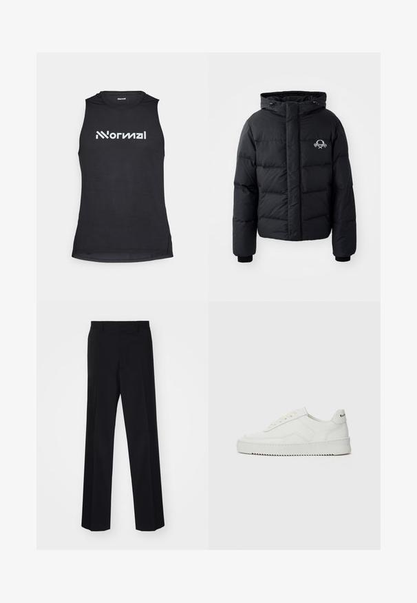 Must väljakutsete sätetele lõhelise disainiga must puhvrjakker, kapuutsiga, elastsete mansettidega ja rinnal logo. Valmistatud siledast, veekindlast materjalist.; Must läikiv must sporditopp ilma varrukateta, millel on tekstuuriga kangas ja peamiselt esiküljel on erkvalge logo.; Mustad ülikonnad püksid laia sääre disainiga, sujuva tekstuuriga ja teravate voltidega, valmistatud kootud kangast.; Valge nahast tennis, millel on sile põhi, ümar varvas, lamedad nöörid ja tekstuuriline tall. Sisaldab diskreetset logo kontsaribal.