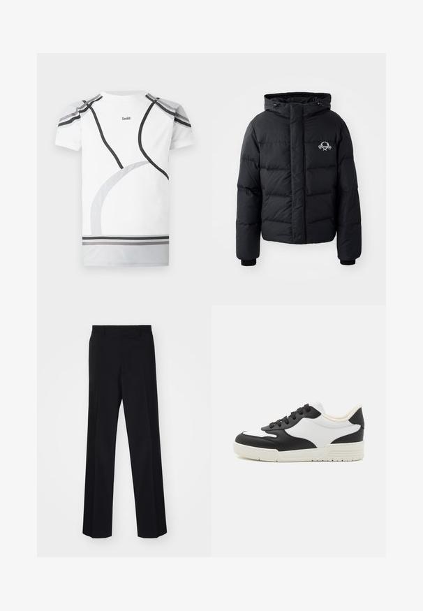 Čierna prešívaná bunda s kapucňou, ktorá má elastické manžety a logo na hrudníku. Vyrobená z hladkého, vodoodolného materiálu.; Biely športový tričko s šedými a čiernymi zakrivenými akcentmi, sieťovanými ramennými panely a logom na zadnej strane. Navrhnuté pre priliehavý vzhľad a pohodlie.; Čierne tailored nohavice s širokým strihom, s hladkou textúrou a ostrými záhybmi, vyrobené z tkaného materiálu.; Čierno-biele tenisky s hladkým koženým zvrškom, zaoblenou špičkou a plochou gumovou podrážkou. Obsahujú čierne šnúrky a mäkké vnútorné podšívky.